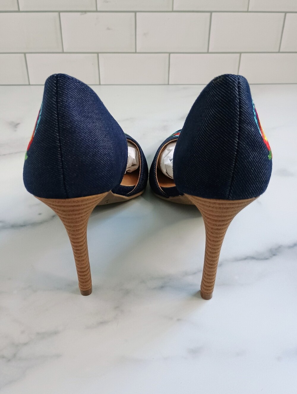 Christian Siriano Dark Denim Embroidered Pointed-Toe d'Orsay Pumps - Picture 10 of 14